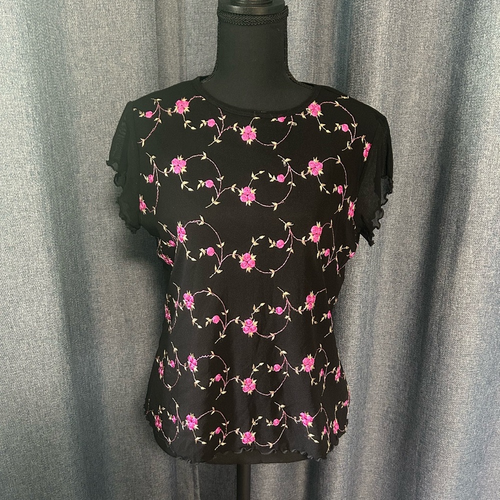 Vintage Y2K Fashion Bug Floral Embroidered Top, Size Large